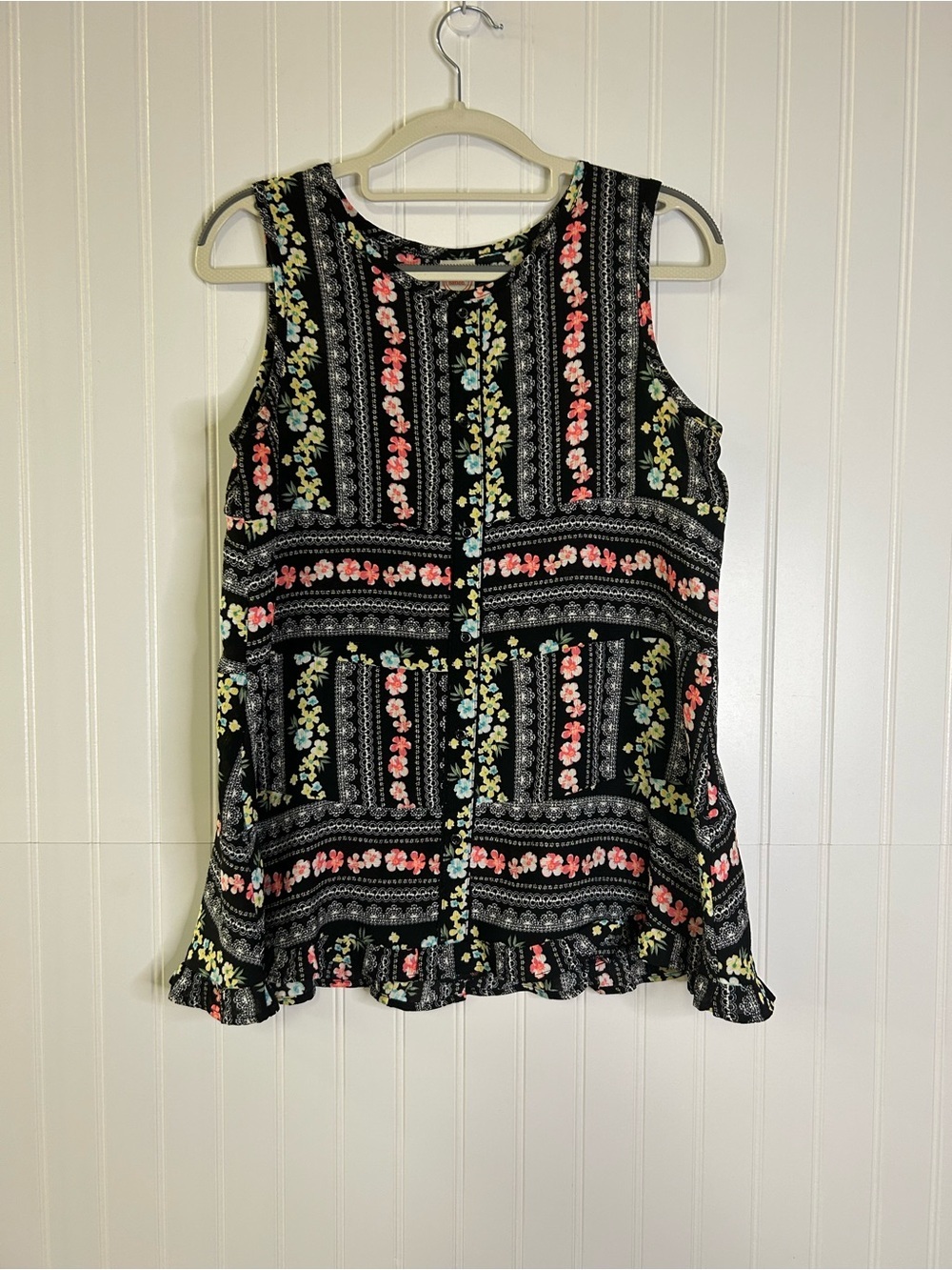 Wonder Nation Sleeveless Black Floral Tie-Neck Peplum Top Girls XXL